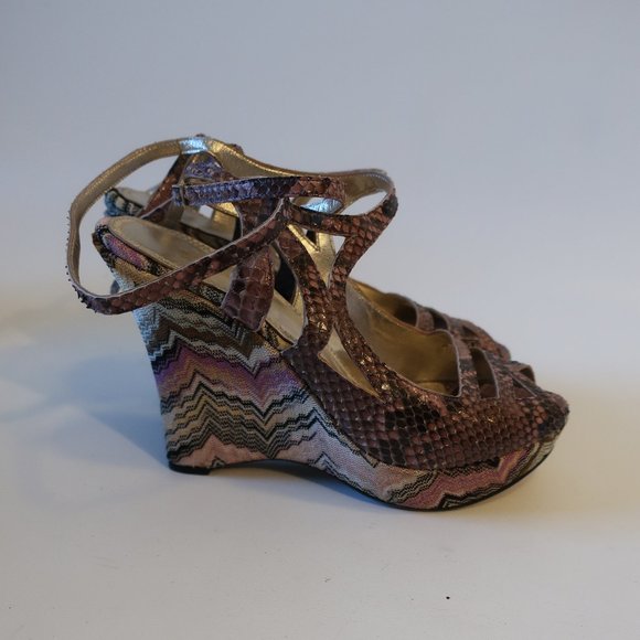 Womens Missoni Purple Python Leather Chevron Wedge Wrap Ankle Heels 38 US/8 * - Picture 4 of 12